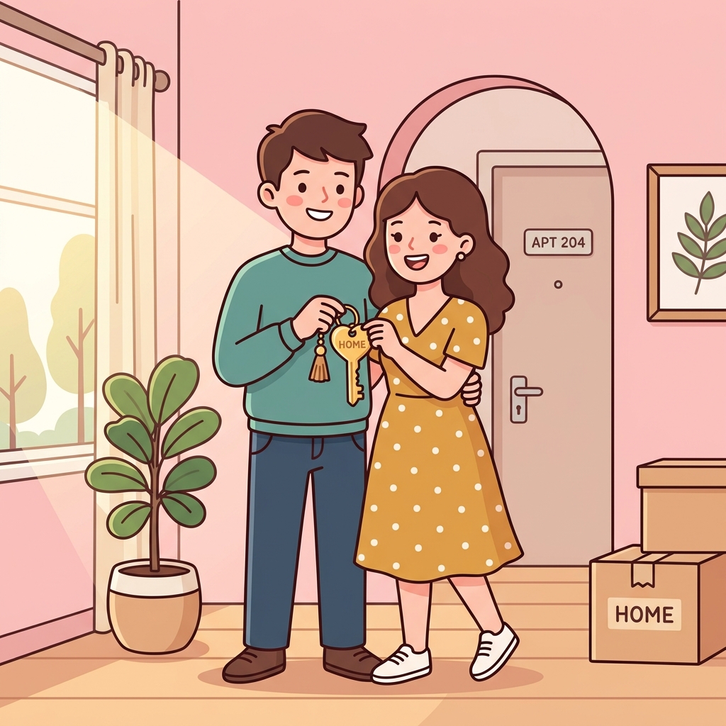 행복한 표정으로 새 아파트 열쇠를 들고 있는 젊은 부부의 모습, 밝은 햇살이 비추는 따뜻한 분위기.