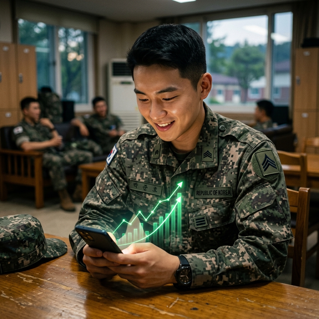 스마트폰으로 우상향하는 금융 차트를 확인하며 자산을 형성하는 군 장병의 모습