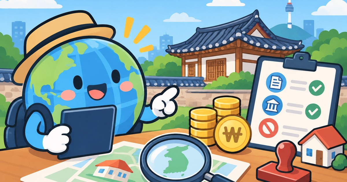 외국인 국내 주택 취득, 계약 전에 확인할 신고·세금 제한 조건 주제의 귀여운 2D 일러스트 썸네일